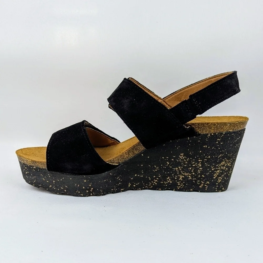 OTBT Peasant Wedge Platform Slingback Sandal Suede Leather Black 9.5M NIB